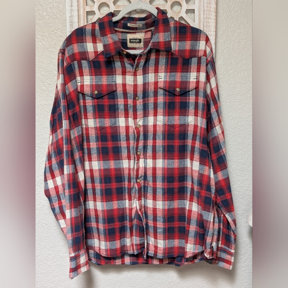 Wrangler Mens 2XL LS Pearl Snap Button Down Shirt Red White Blue Plaid Rodeo